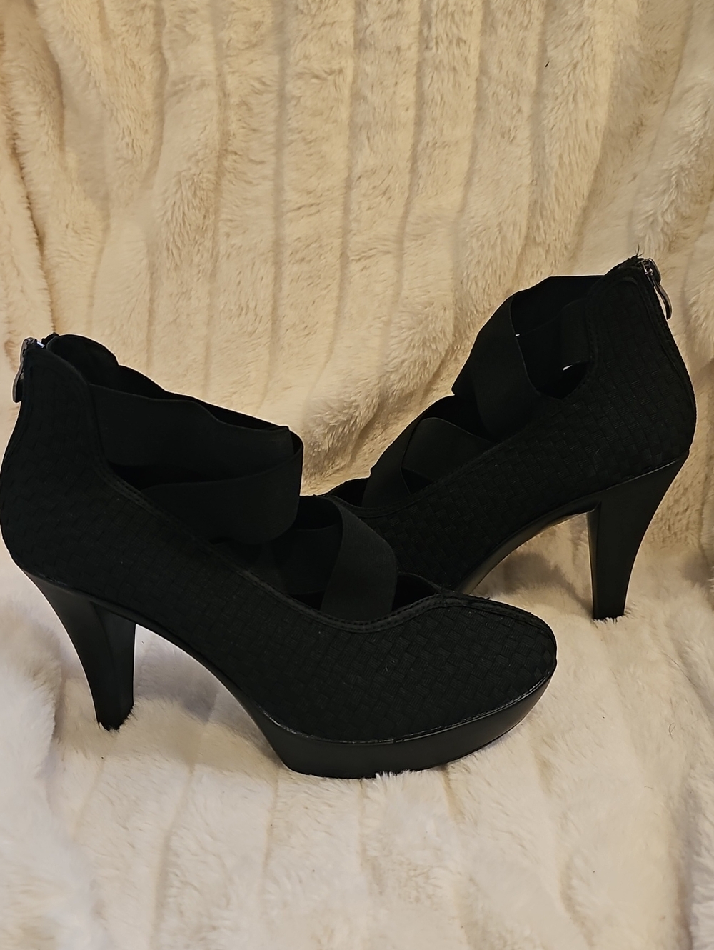 bernie mev. Black Woven Elastic-Strap Platform Heels